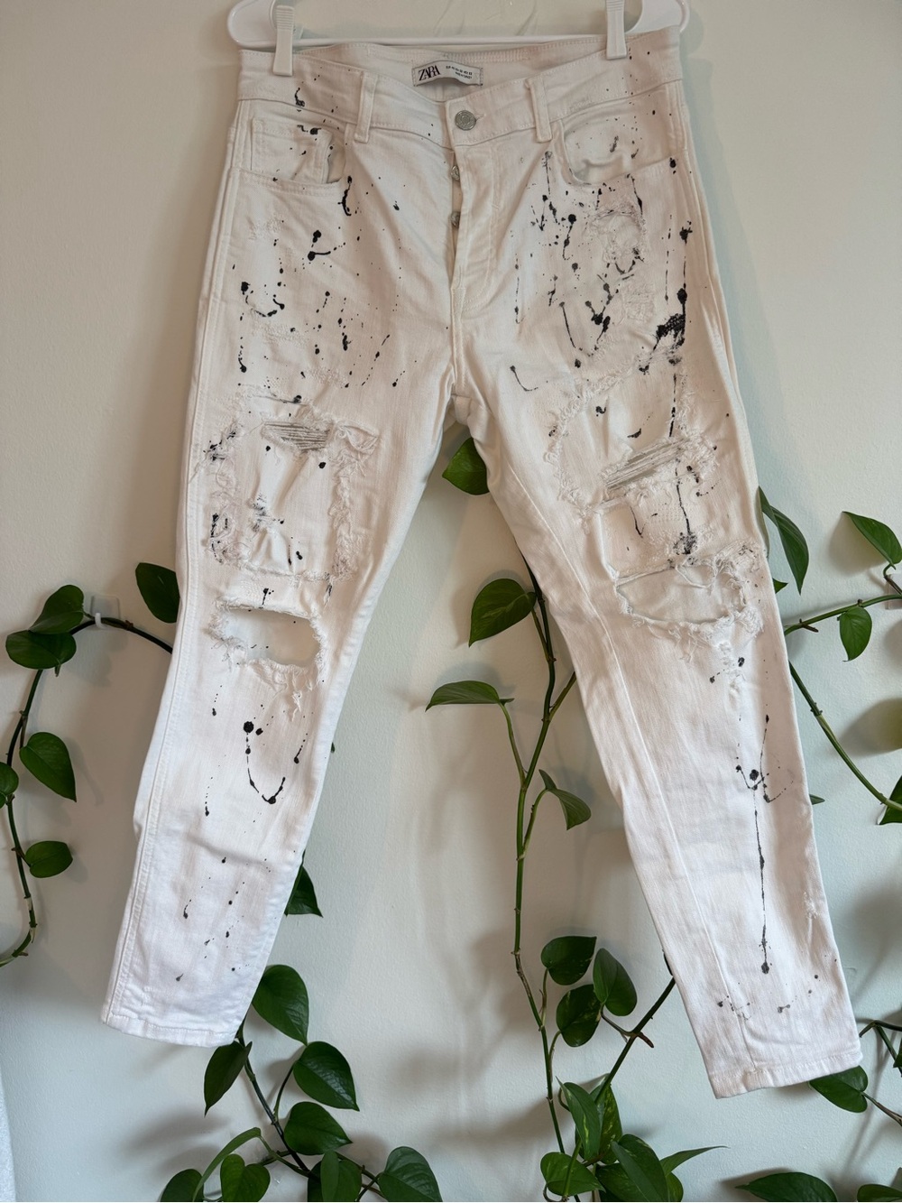 Zara White Jeans Black Paint Speckle